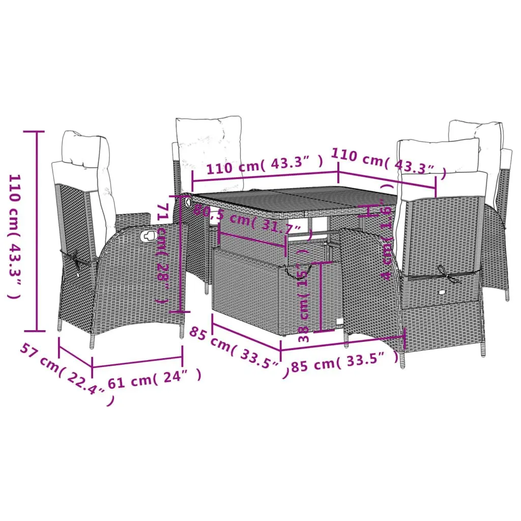 Garden Dining Set 5 Piece PE Rattan Adjustable Table Black with Cushions