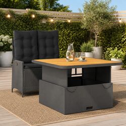 Outdoor Garden Dining Set 2 Piece Black Poly Rattan Chairs Table with Cushions