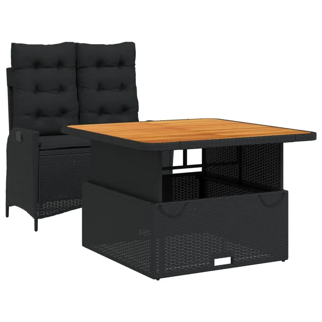 Outdoor Garden Dining Set PE Rattan 2 Piece Black Chairs Table with Cushions