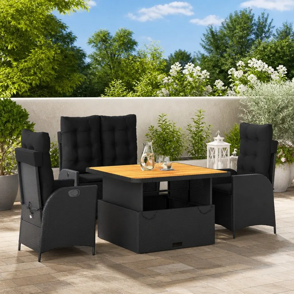 Outdoor Furniture Garden Dining Set 4 Piece Adjustable Black Poly Rattan