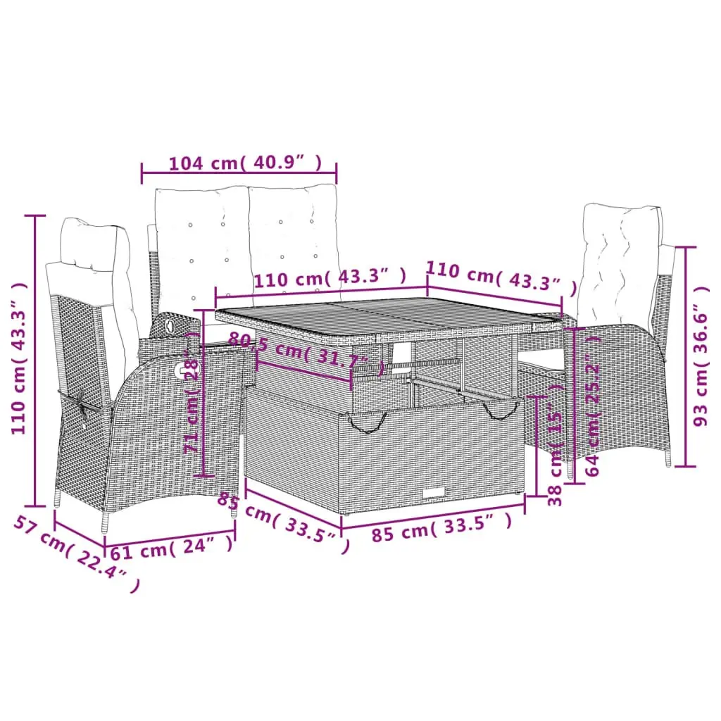 Outdoor Furniture Garden Dining Set 4 Piece Adjustable Black Poly Rattan