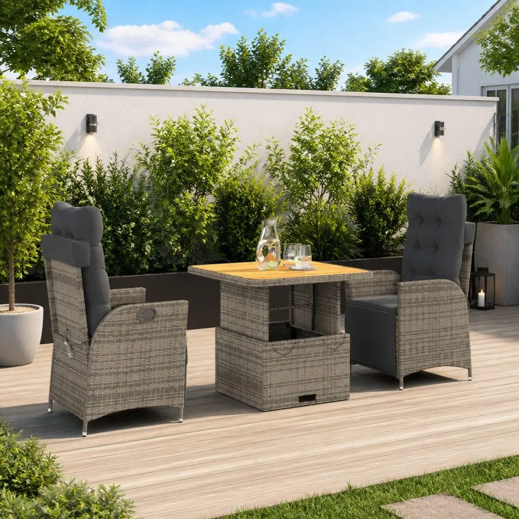 3 Piece Garden Furniture Set Adjustable Table Chair Grey PE Rattan Cushions