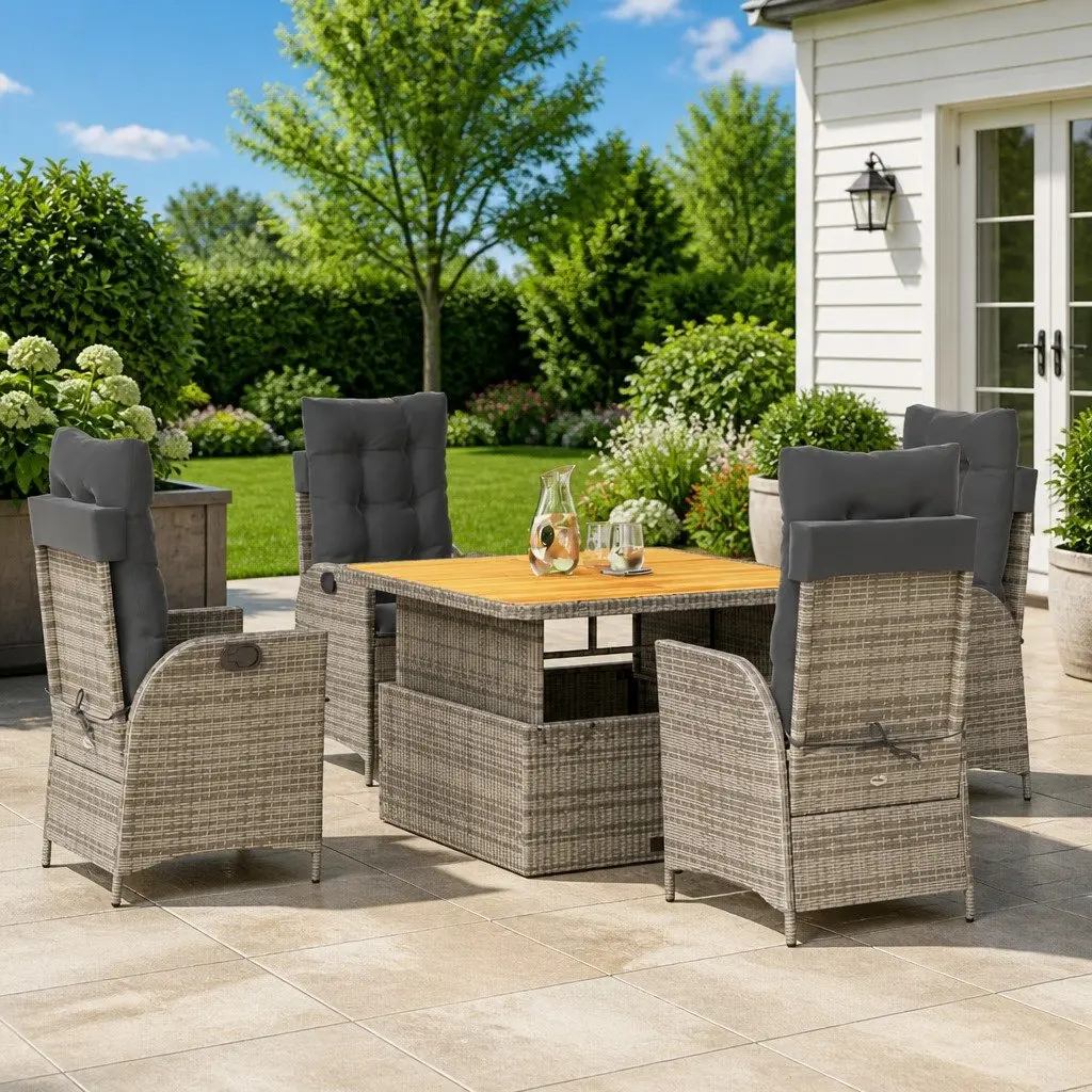5 Piece Garden Furniture Set Grey PE Rattan Outdoor Dining with Cushions Adjustable Backrest Convertible Tabletop