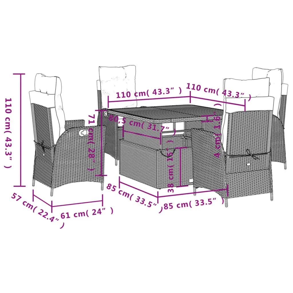 5 Piece Garden Furniture Set Grey PE Rattan Outdoor Dining with Cushions Adjustable Backrest Convertible Tabletop