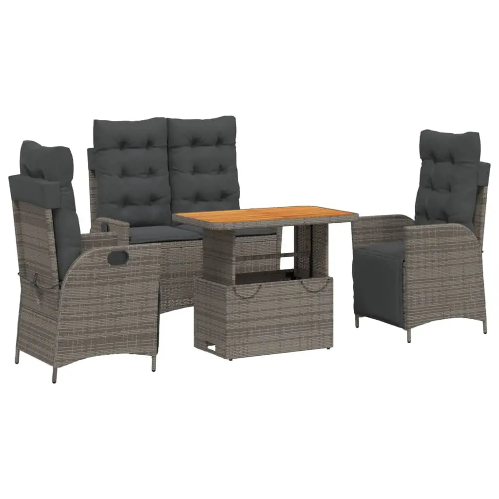 4 Piece Garden Dining Set PE Rattan Adjustable Backrest Lifting Table Grey Cushioned