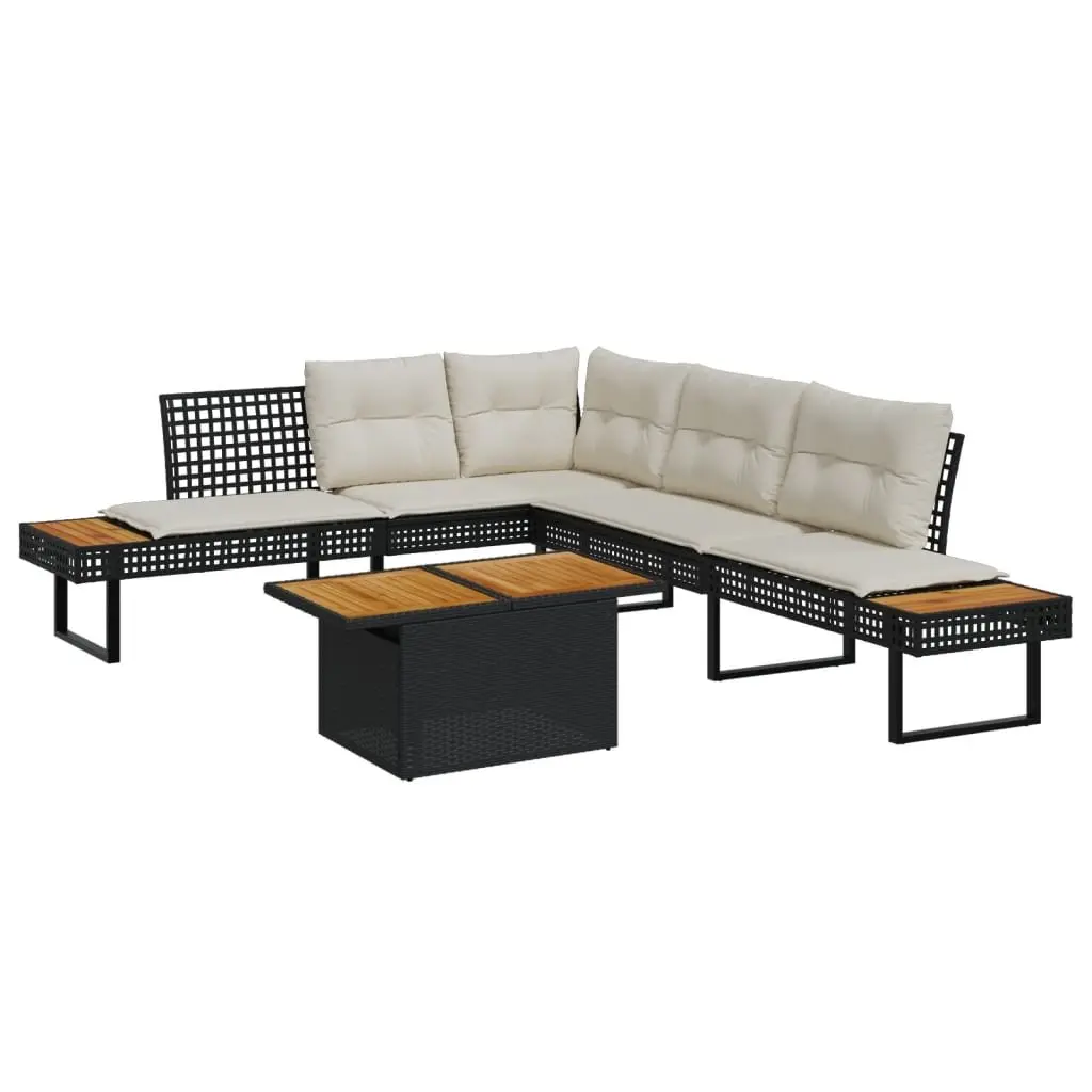2 Piece Garden Sofa Set Black PE Poly Rattan Acacia Wood Table with Cushions