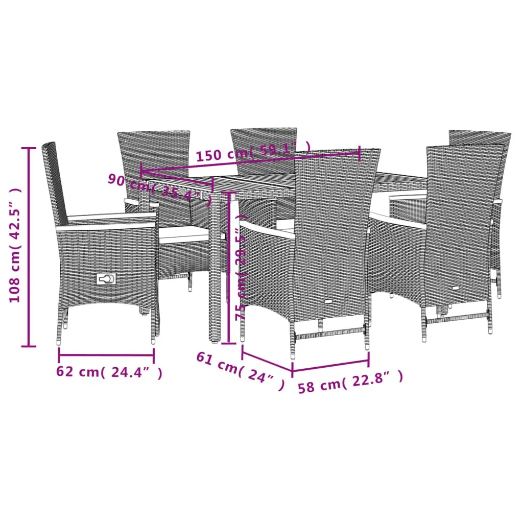Garden Dining Set Poly Rattan Acacia Wood Table 7 Piece Black