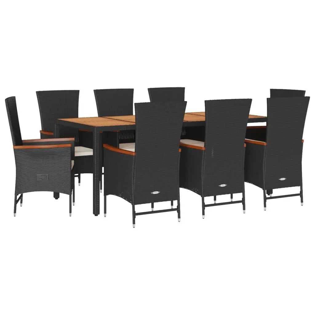 9 Piece Garden Dining Set Black PE Rattan Outdoor Furniture with Acacia Wood Table and Cushioned Chairs