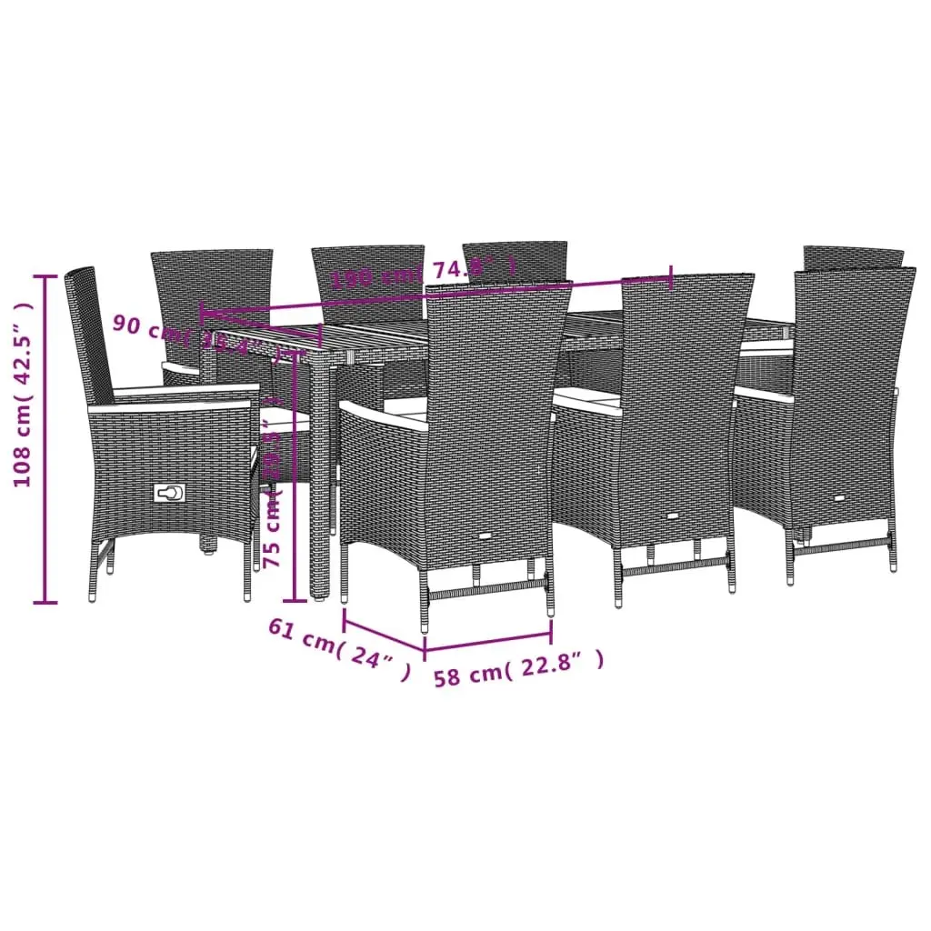 9 Piece Garden Dining Set Black PE Rattan Outdoor Furniture with Acacia Wood Table and Cushioned Chairs