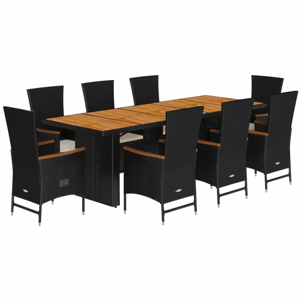 Garden Dining Set 9 Piece Black Poly Rattan Outdoor Furniture with Cushions