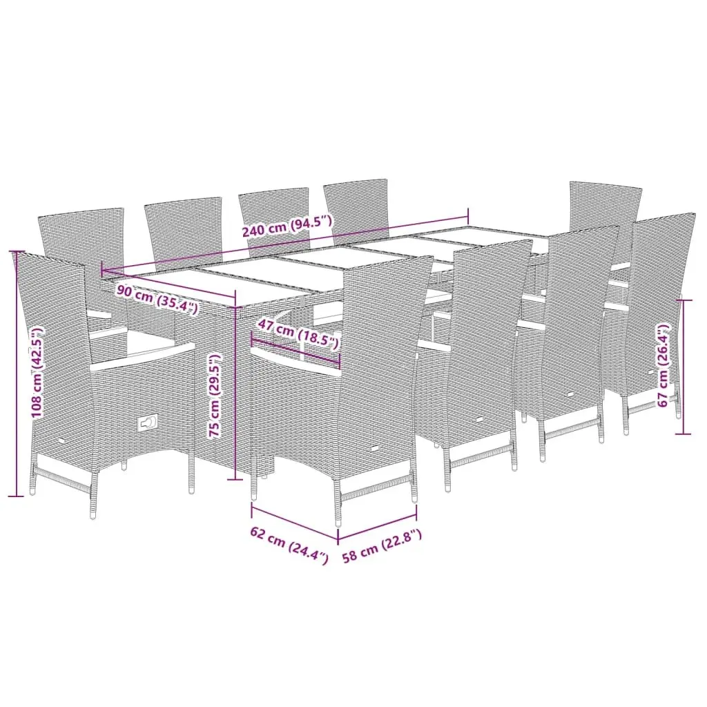 Garden Dining Set 11 Piece PE Rattan Outdoor Furniture Black with Cushions