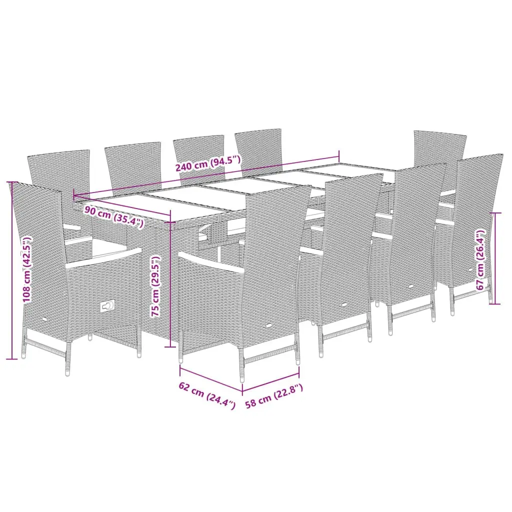 11 Piece Outdoor Garden Dining Set Poly Rattan Chairs Table with Cushions Black
