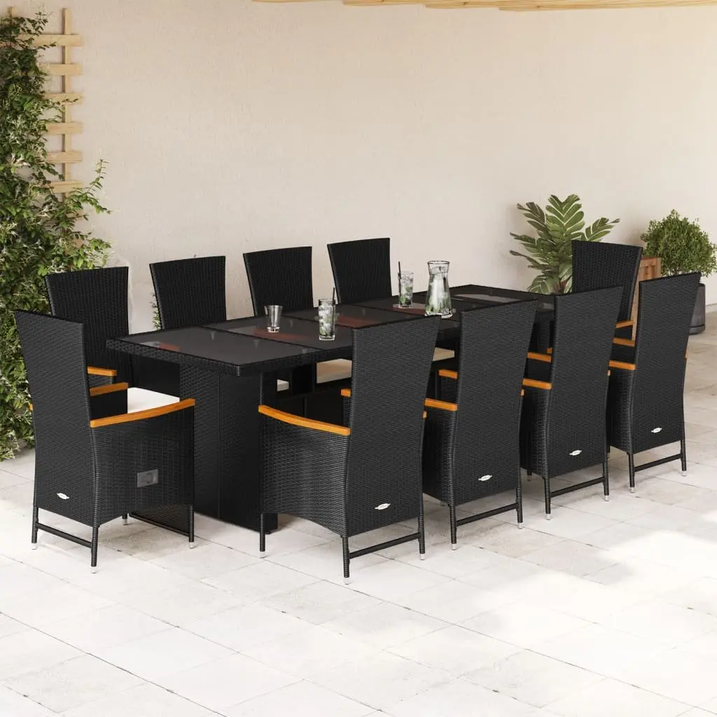 Outdoor Dining Furniture Set 11 Piece PE Rattan Cushioned Black with Glass Tabletop