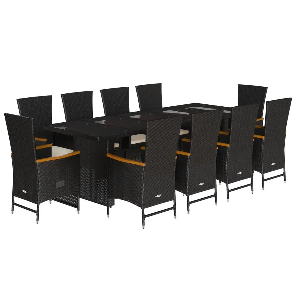 Outdoor Dining Furniture Set 11 Piece PE Rattan Cushioned Black with Glass Tabletop