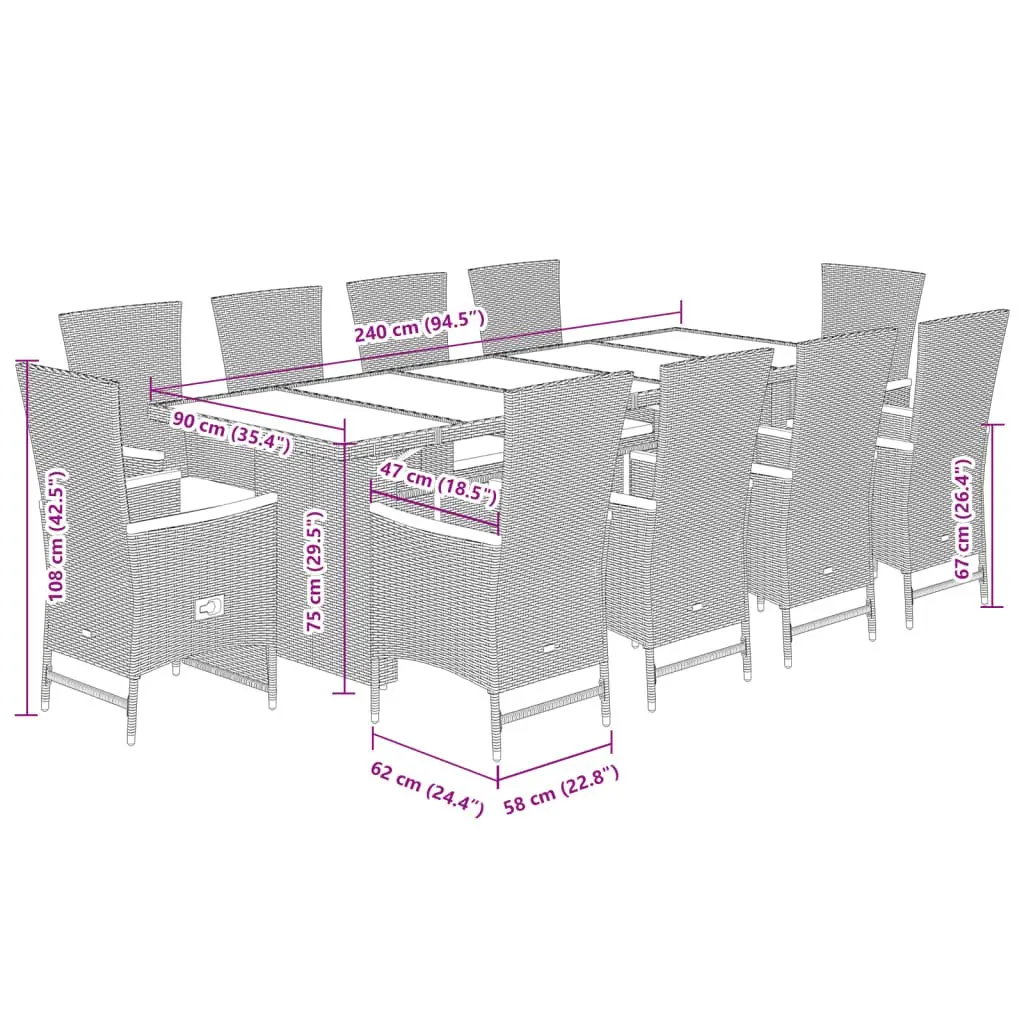 Outdoor Dining Furniture Set 11 Piece PE Rattan Cushioned Black with Glass Tabletop