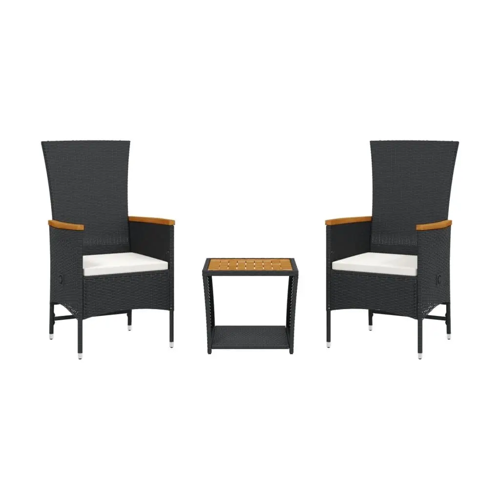 Garden Dining Set PE Rattan 3 Piece Outdoor Furniture Black Acacia Wood Table Cushions