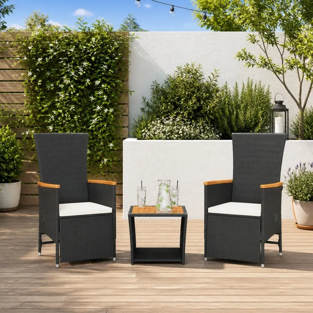 Outdoor Garden Dining Set Poly Rattan Acacia Wood 3 Piece Black