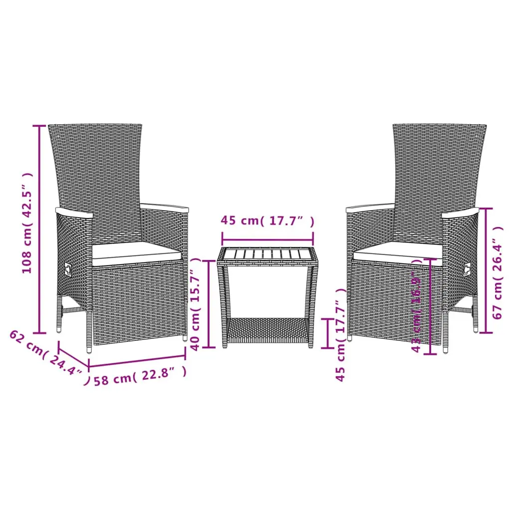 Outdoor Garden Dining Set Poly Rattan Acacia Wood 3 Piece Black
