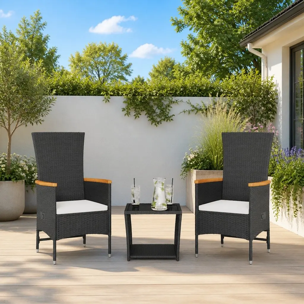 3 Piece Outdoor Dining Set PE Rattan Black Patio Table Chairs
