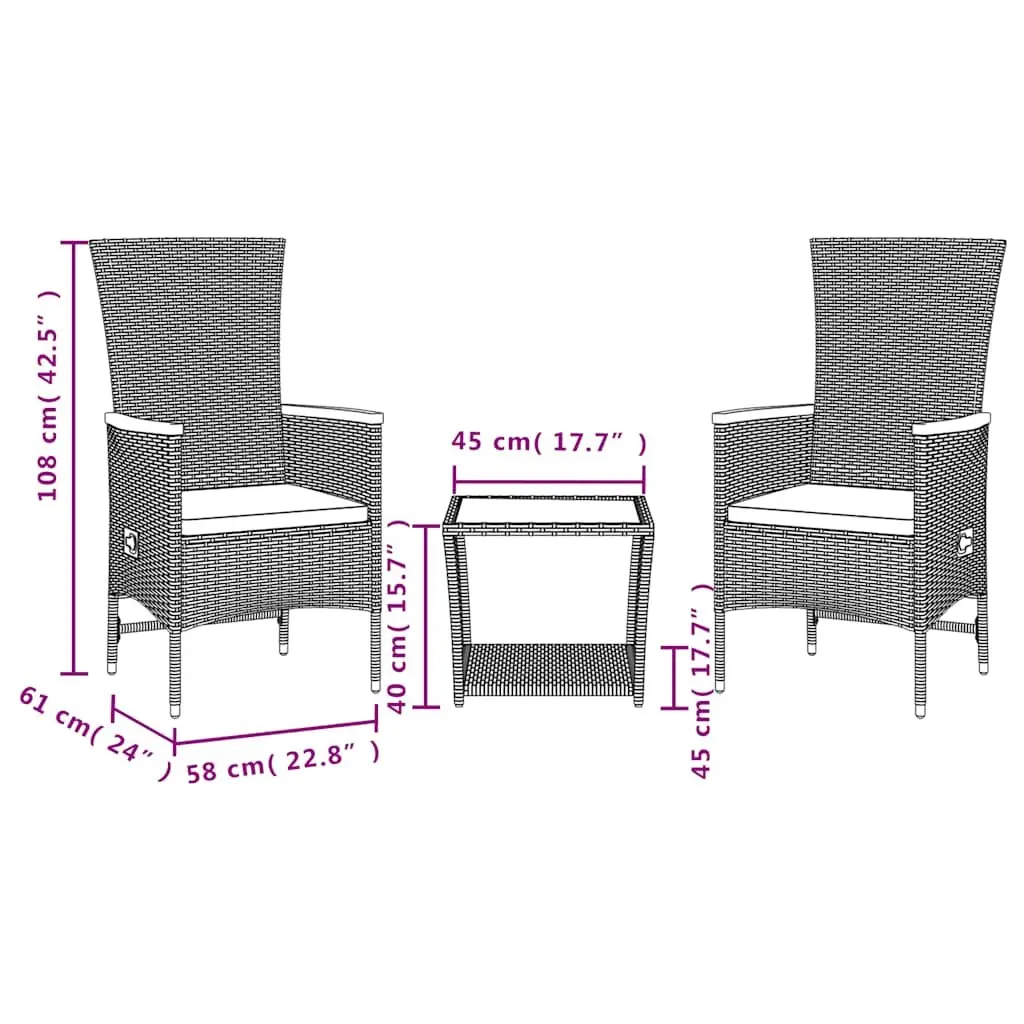 3 Piece Outdoor Dining Set PE Rattan Black Patio Table Chairs