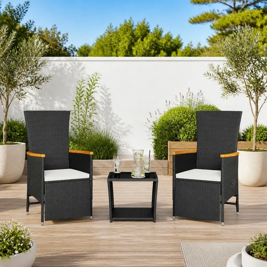 3 Piece Black Adjustable Backrest Outdoor Dining Set Poly Rattan with Glass Tabletop