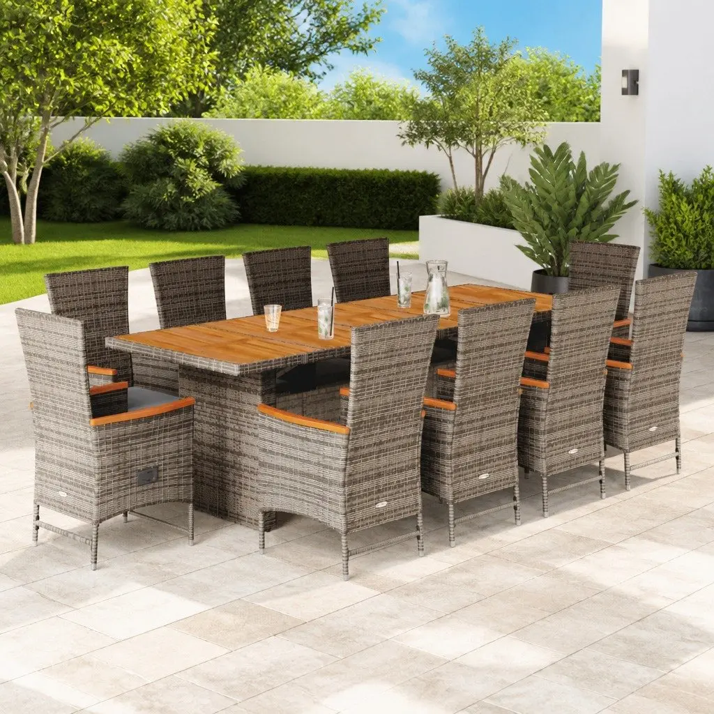 Garden Dining Set PE Rattan Acacia Wood Table Grey 11 Piece Outdoor Furniture