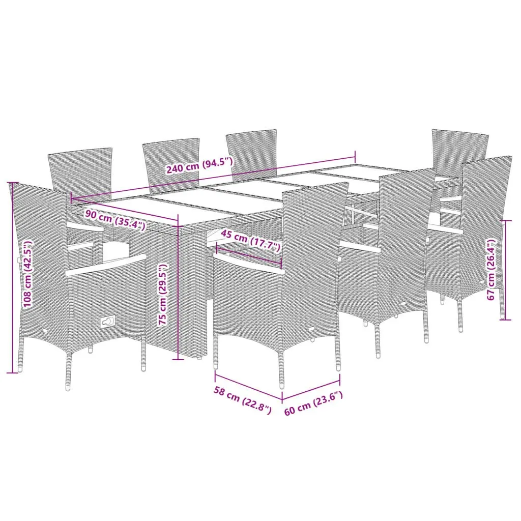9 Piece Outdoor Furniture Set Grey PE Rattan Dining Chairs with Cushions and Tempered Glass Table
