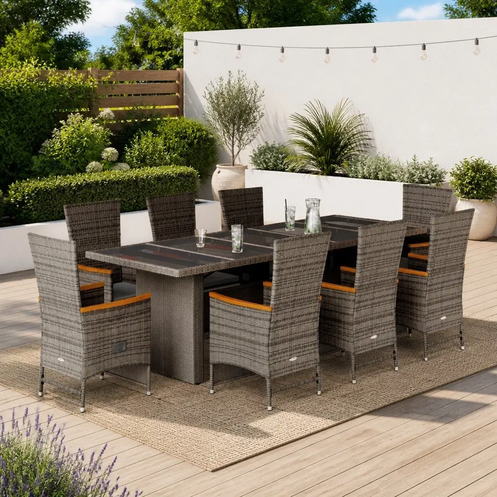 Outdoor Dining Set PE Rattan 9 Piece Grey Chairs Table