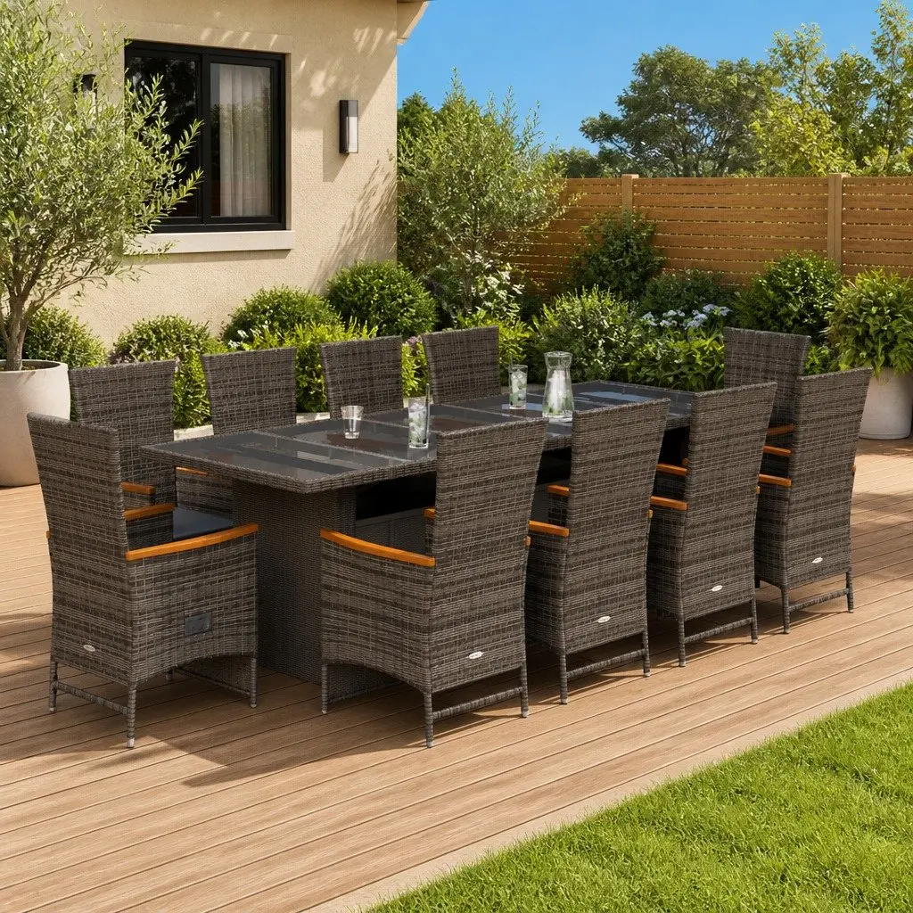 Garden Dining Set 11 Piece PE Rattan Outdoor Furniture Grey Cushions Table
