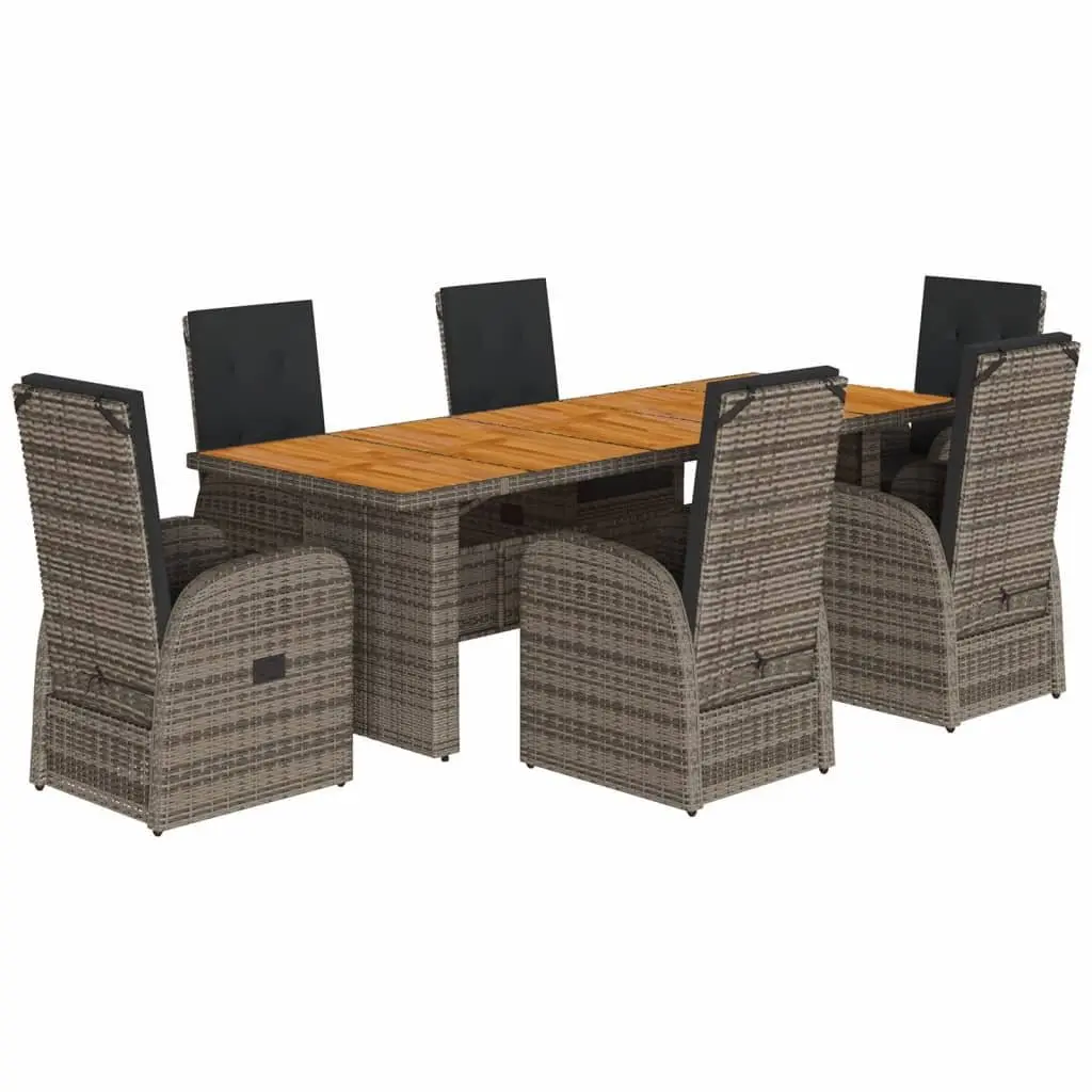 7 Piece Garden Dining Set Grey PE Rattan Outdoor Furniture with Acacia Wood Table and Cushions