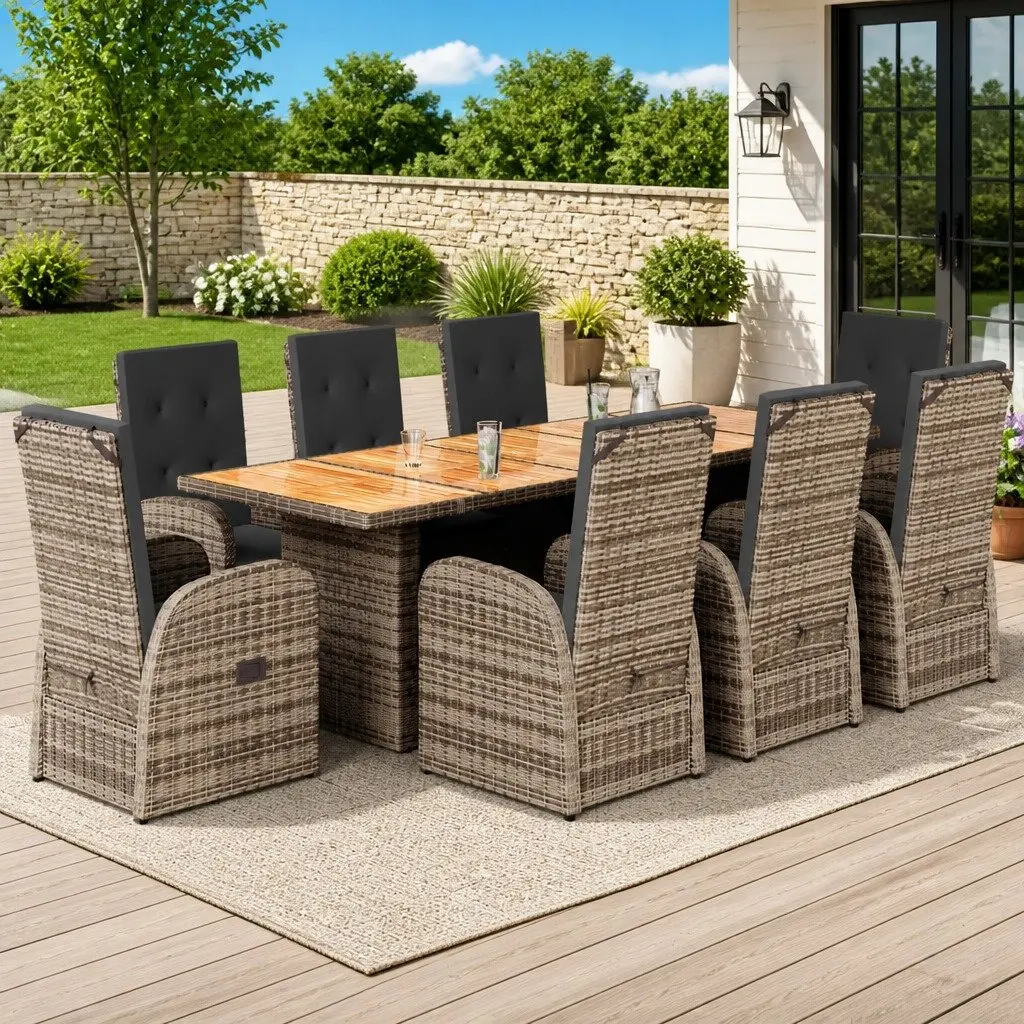 Garden Dining Set 9 Piece PE Rattan Outdoor Patio Furniture Grey with Cushions