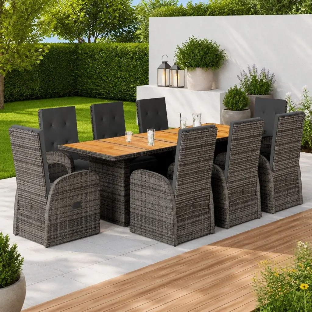 Garden Dining Set 9 Piece PE Rattan Acacia Wood Grey Outdoor Patio Furniture with Cushions