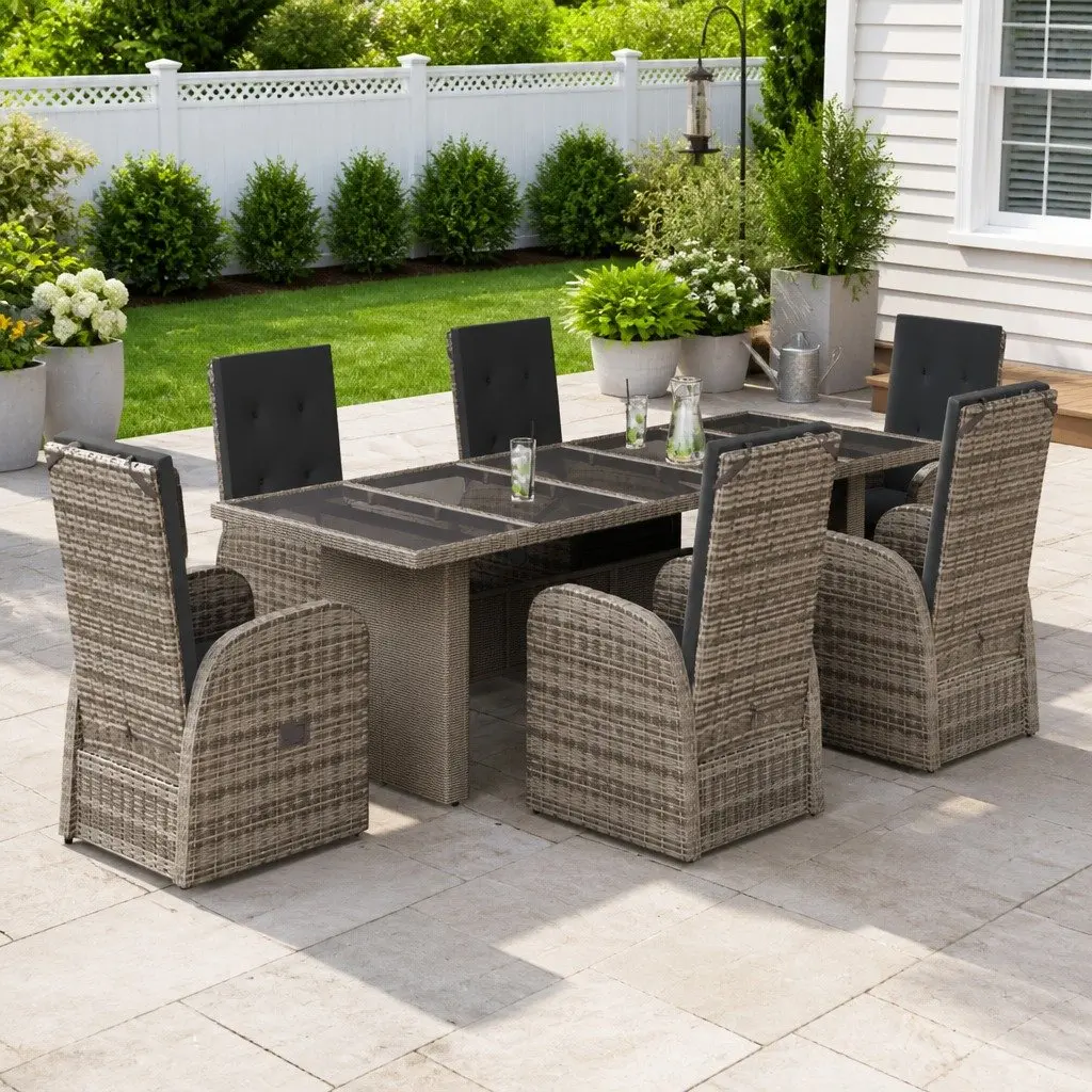 Garden Dining Set 7 Piece Outdoor Furniture Grey Poly Rattan Patio Chairs Table