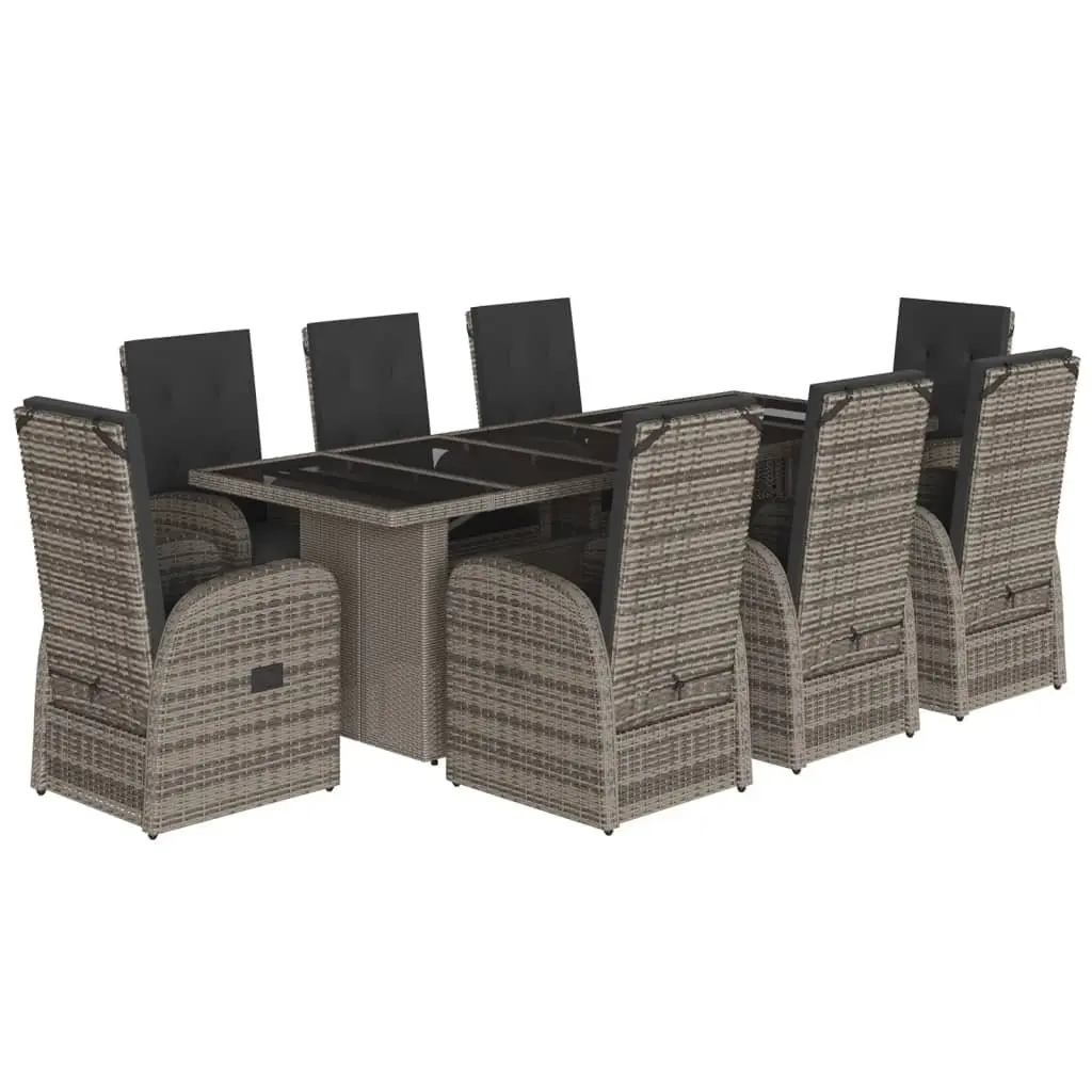 9 Piece Outdoor Furniture Set Cushioned Chairs Table Grey Poly Rattan Patio Dining
