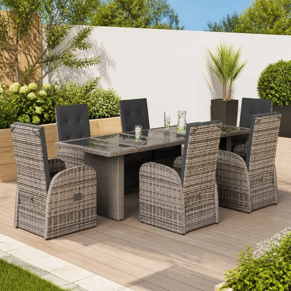 7 Piece Garden Dining Set Outdoor Furniture PE Rattan Grey with Cushions