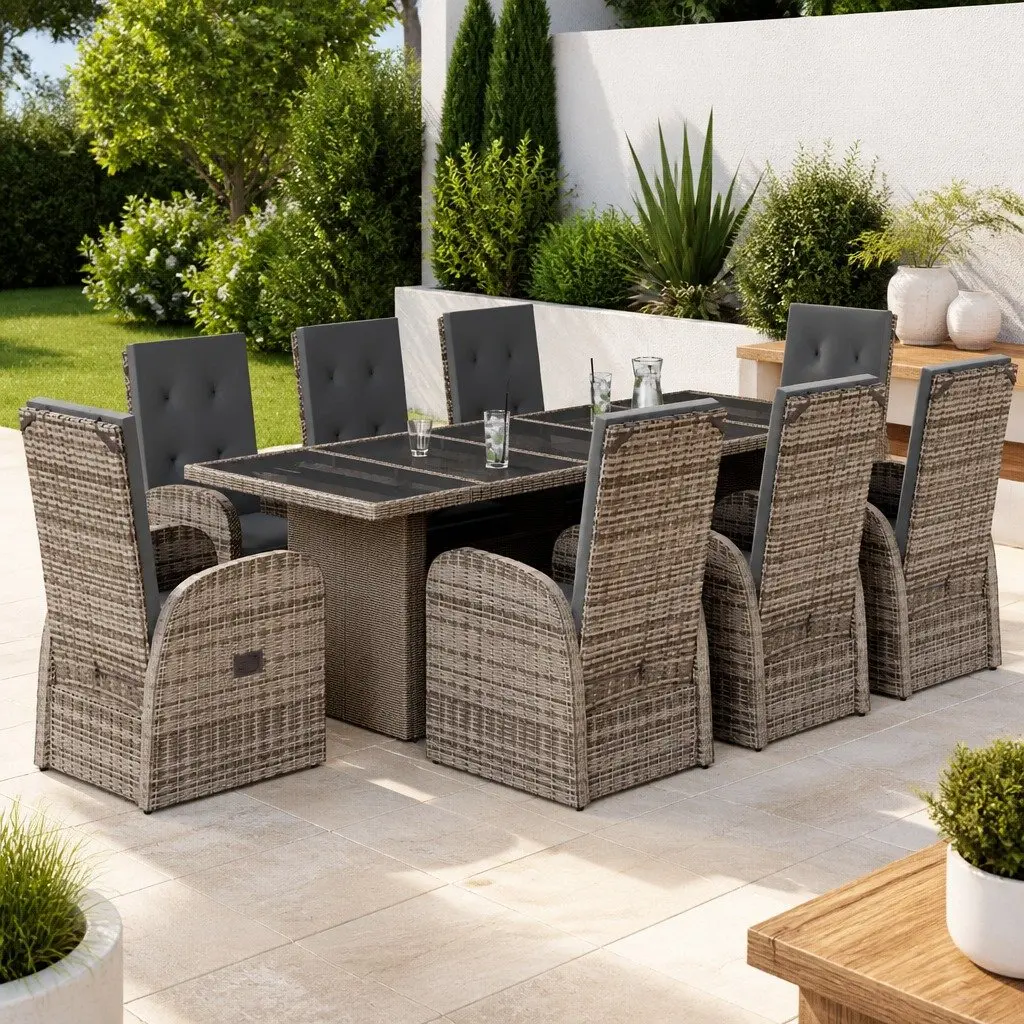 Garden Dining Set 9 Piece Outdoor Furniture Grey Poly Rattan Patio Chairs Table