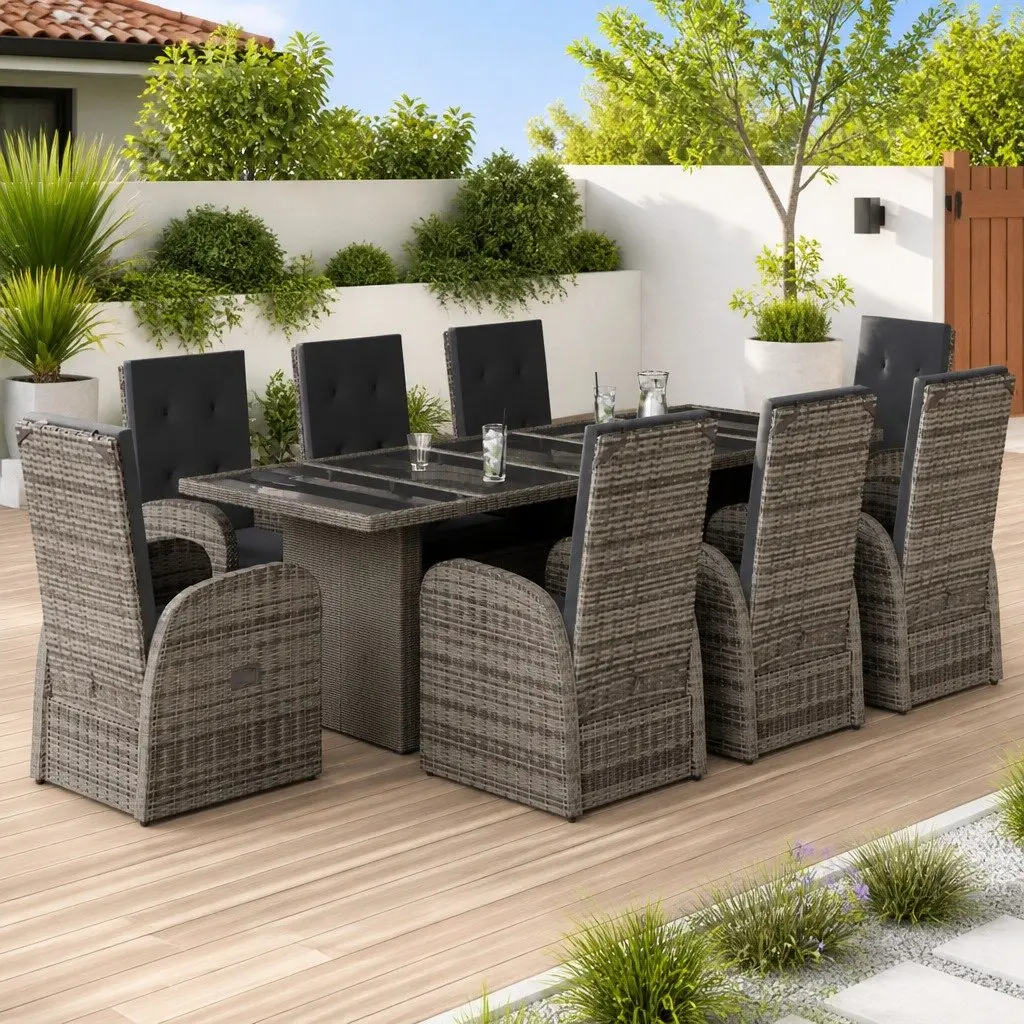 9 Piece Outdoor Dining Set Grey Poly Rattan with Cushions Adjustable Backrest and Tempered Glass Table