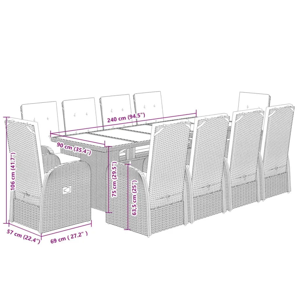 9 Piece Outdoor Dining Set Grey Poly Rattan with Cushions Adjustable Backrest and Tempered Glass Table