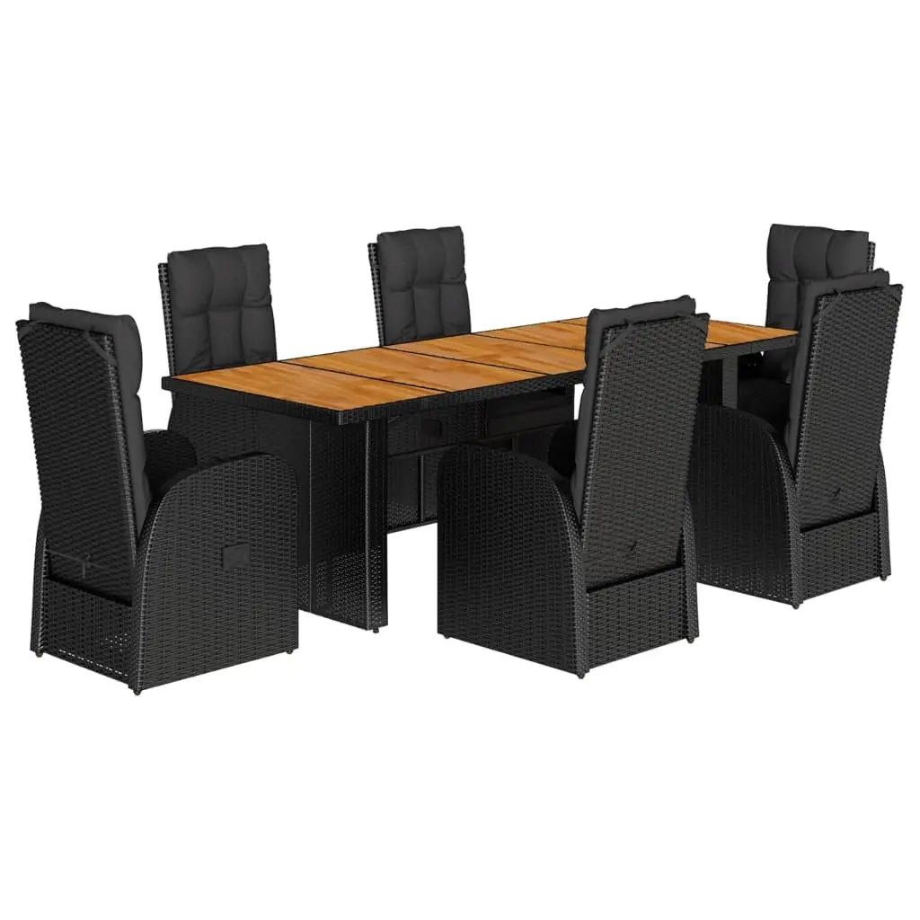 7 Piece Garden Dining Set PE Rattan Frame Acacia Wood Table Top Black