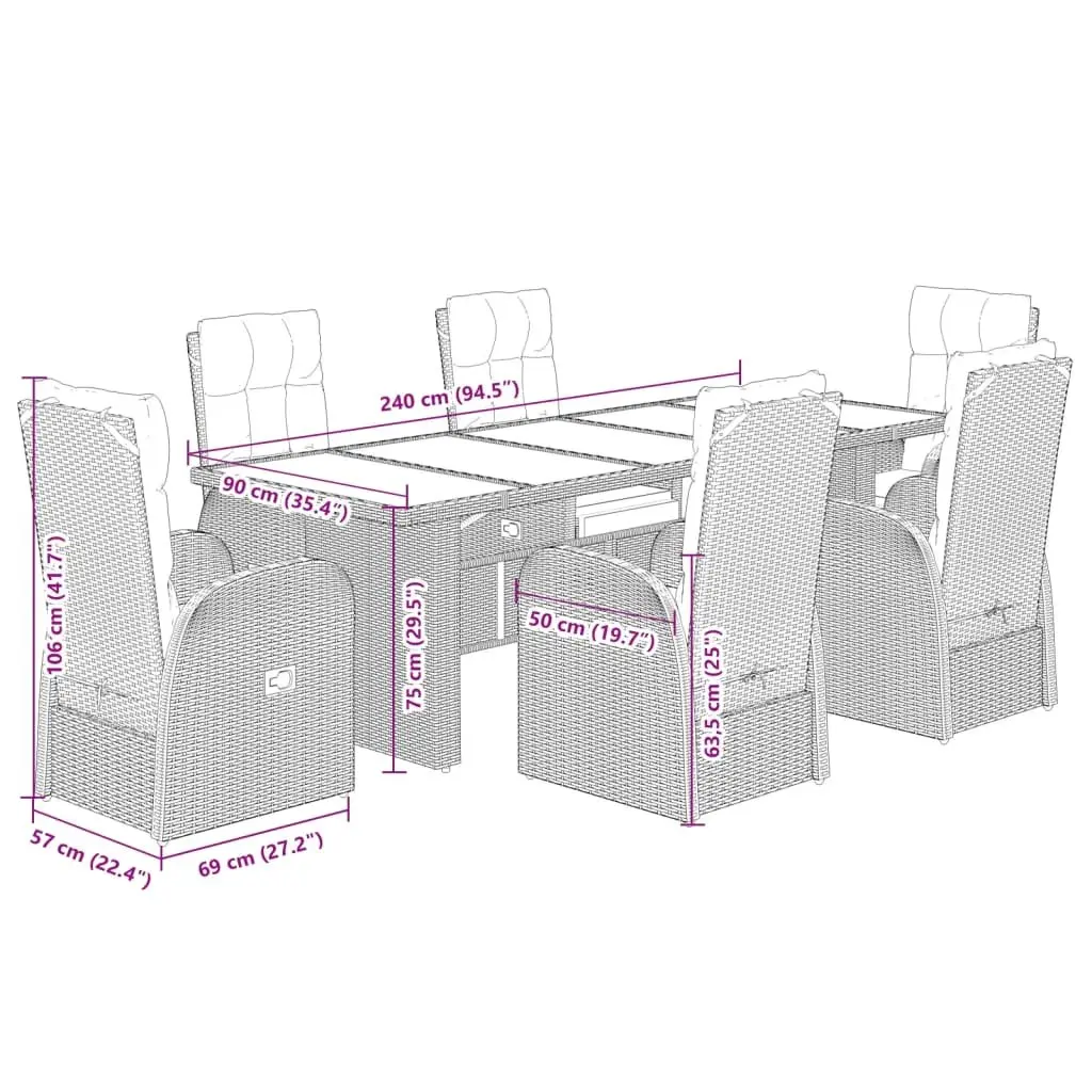 7 Piece Garden Dining Set PE Rattan Frame Acacia Wood Table Top Black