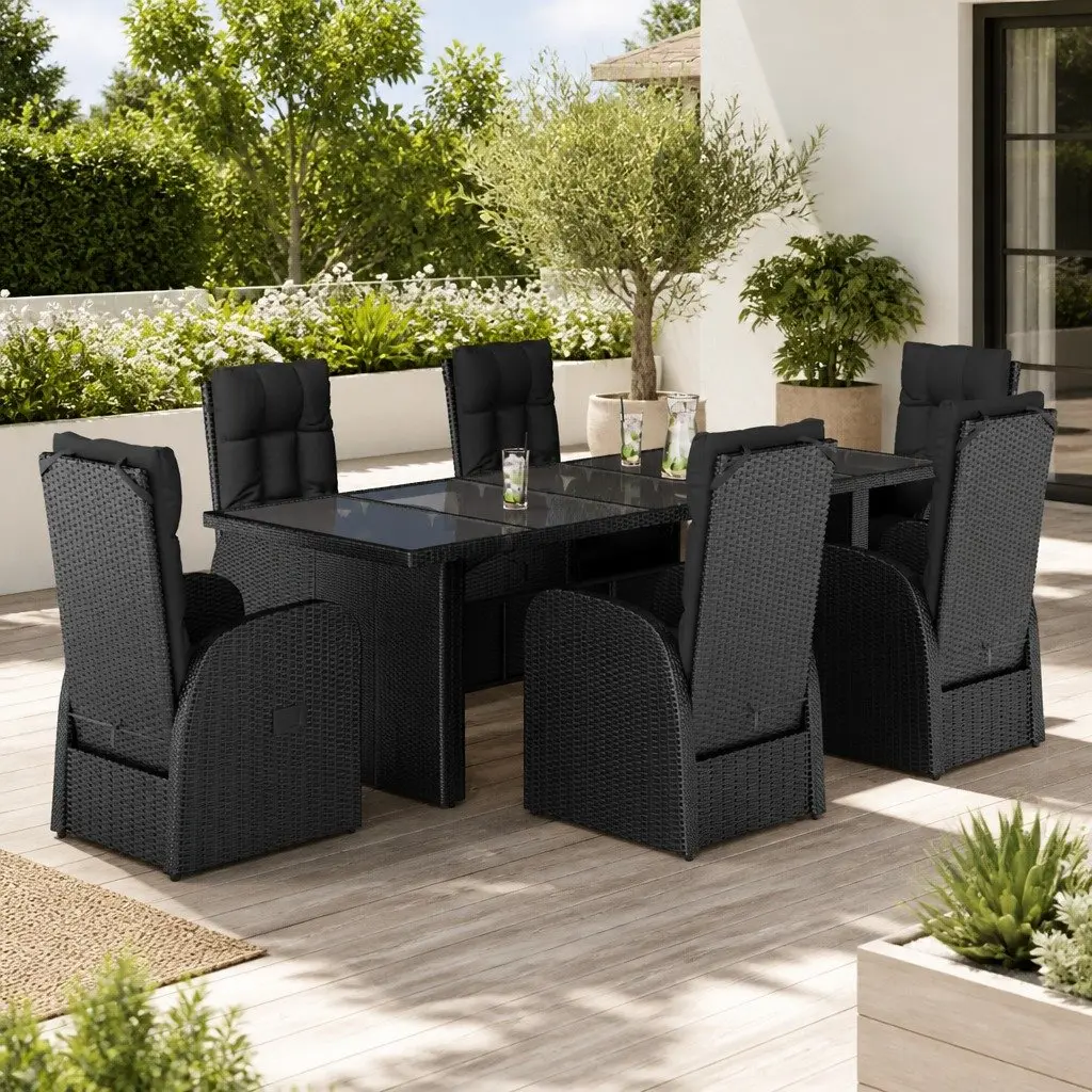 7 Piece Outdoor Dining Set Black PE Rattan with Cushions and Adjustable Backrest