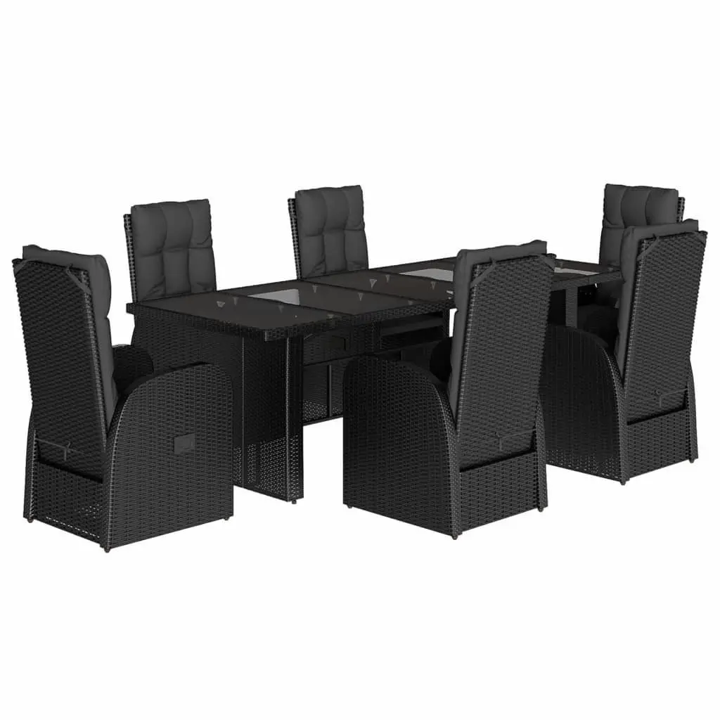 7 Piece Outdoor Dining Set Black PE Rattan with Cushions and Adjustable Backrest