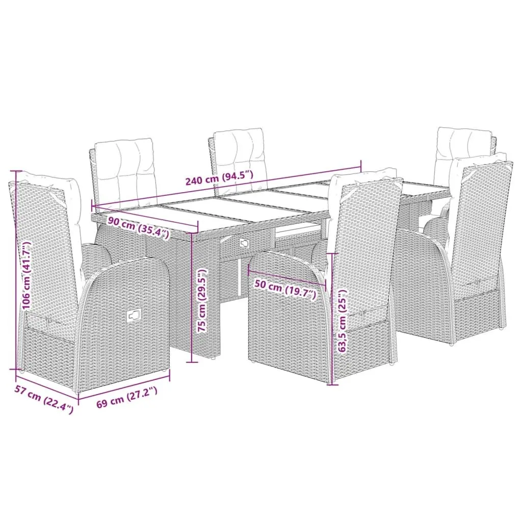 7 Piece Outdoor Dining Set Black PE Rattan with Cushions and Adjustable Backrest