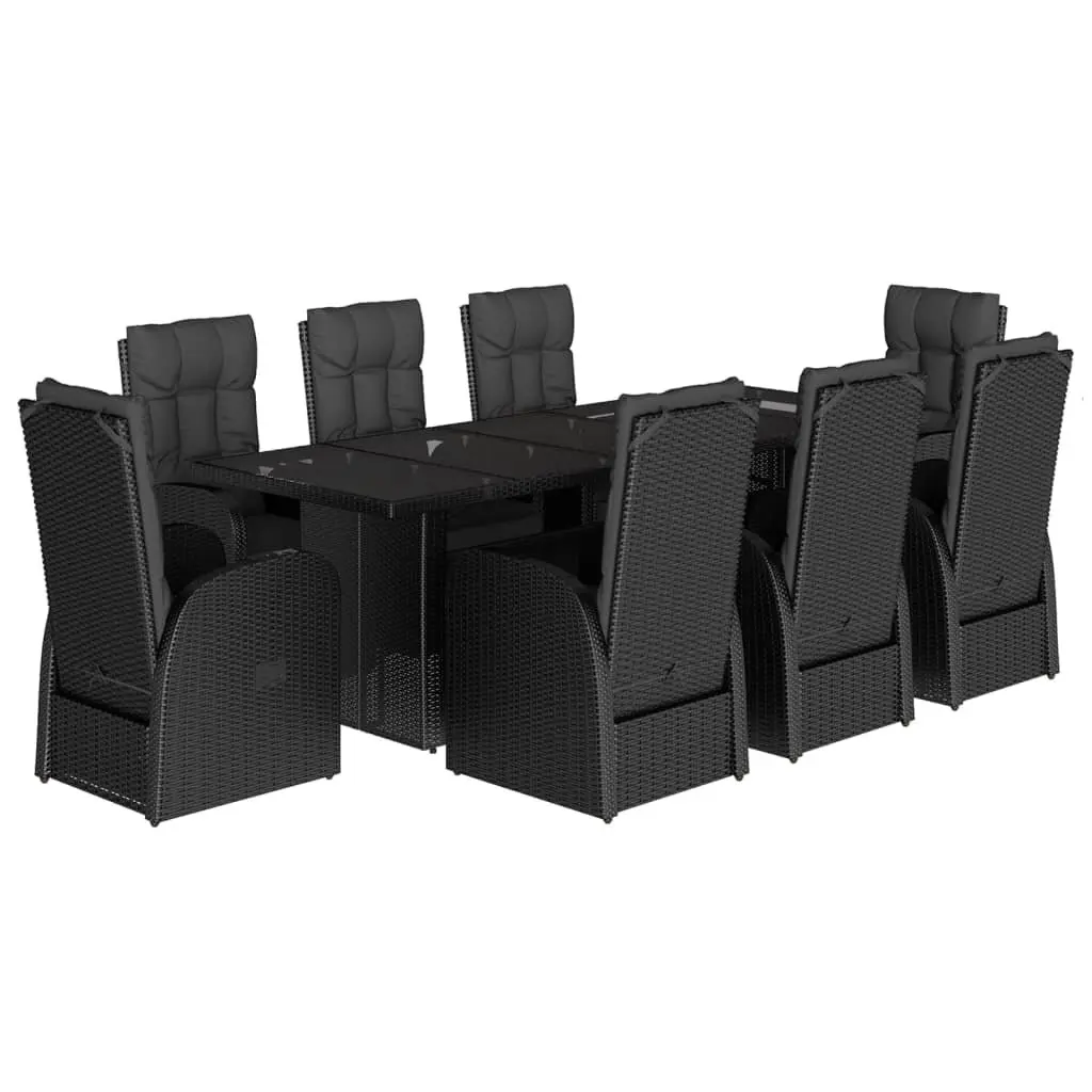 9 Piece Outdoor Dining Set PE Rattan Black with Cushions