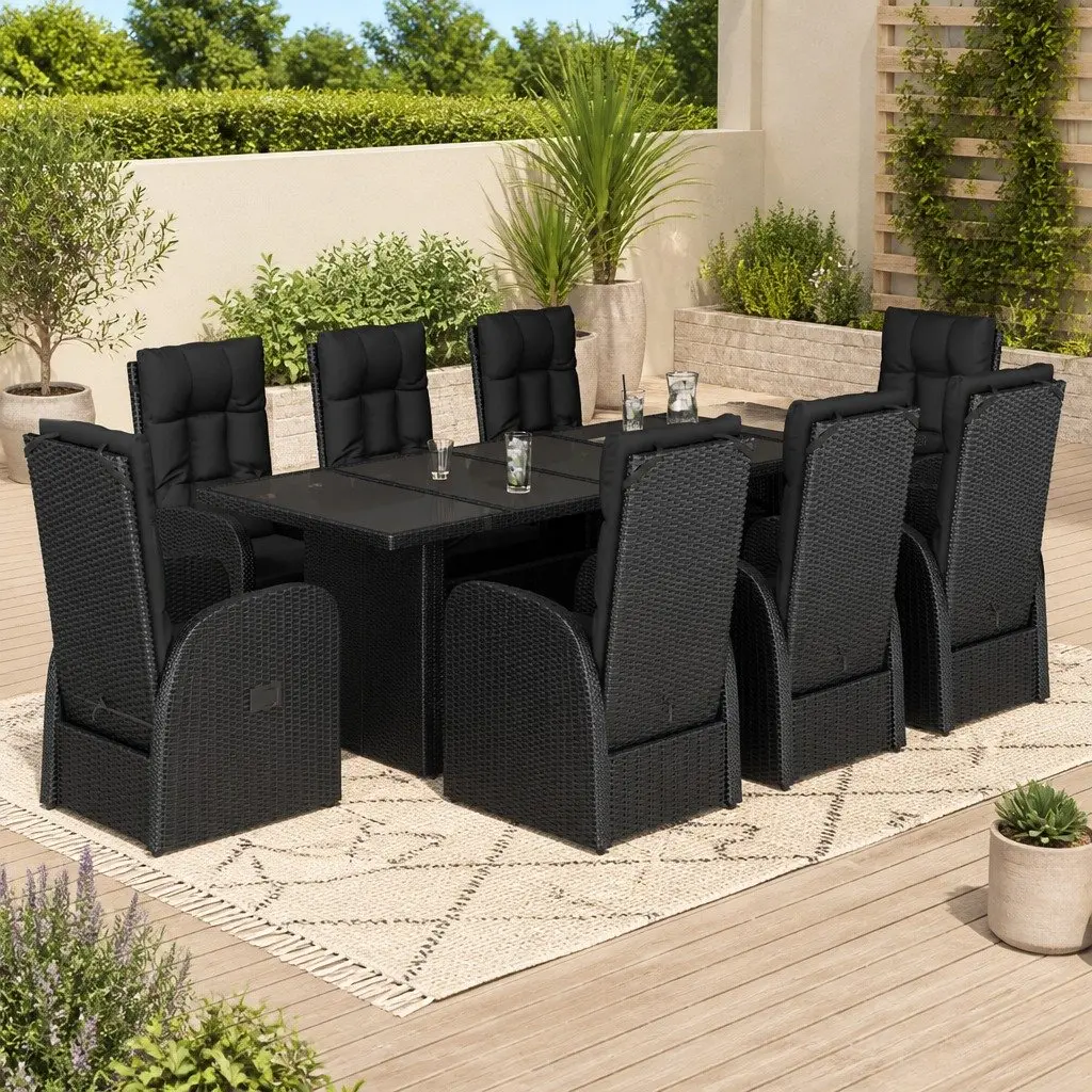 Garden Dining Set 9 Piece Outdoor Furniture Black Poly Rattan with Cushions
