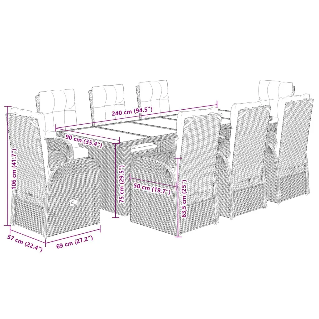 Garden Dining Set 9 Piece Outdoor Furniture Black Poly Rattan with Cushions