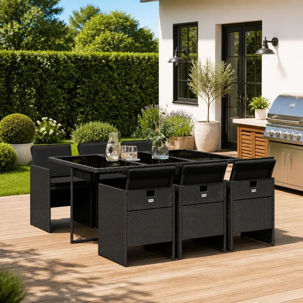 7 Piece Outdoor Dining Set PE Rattan Black Patio Table Chairs