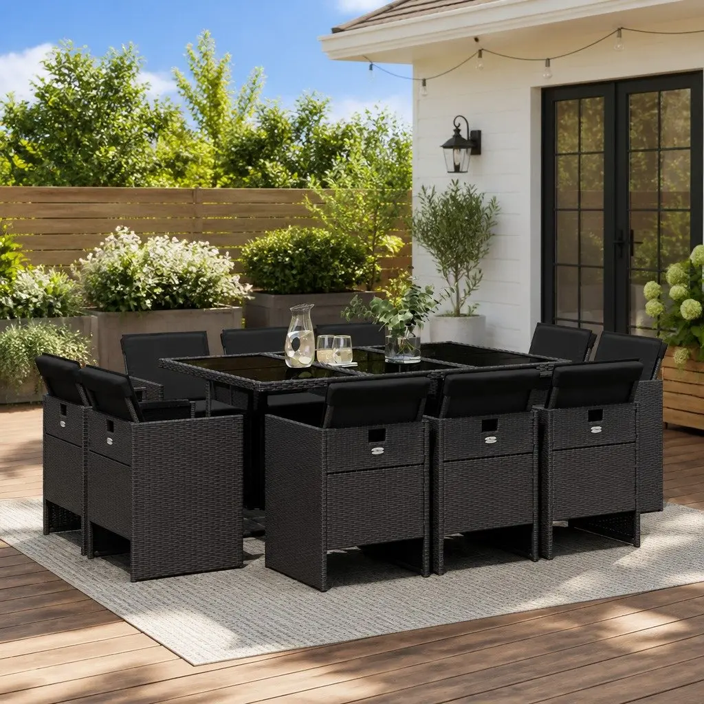 11 Piece Outdoor Dining Set PE Rattan Black Cushioned Chairs Table with Tempered Glass Top