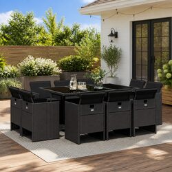 Practical 11 Piece Black Poly Rattan Dining Set for Your Patio
