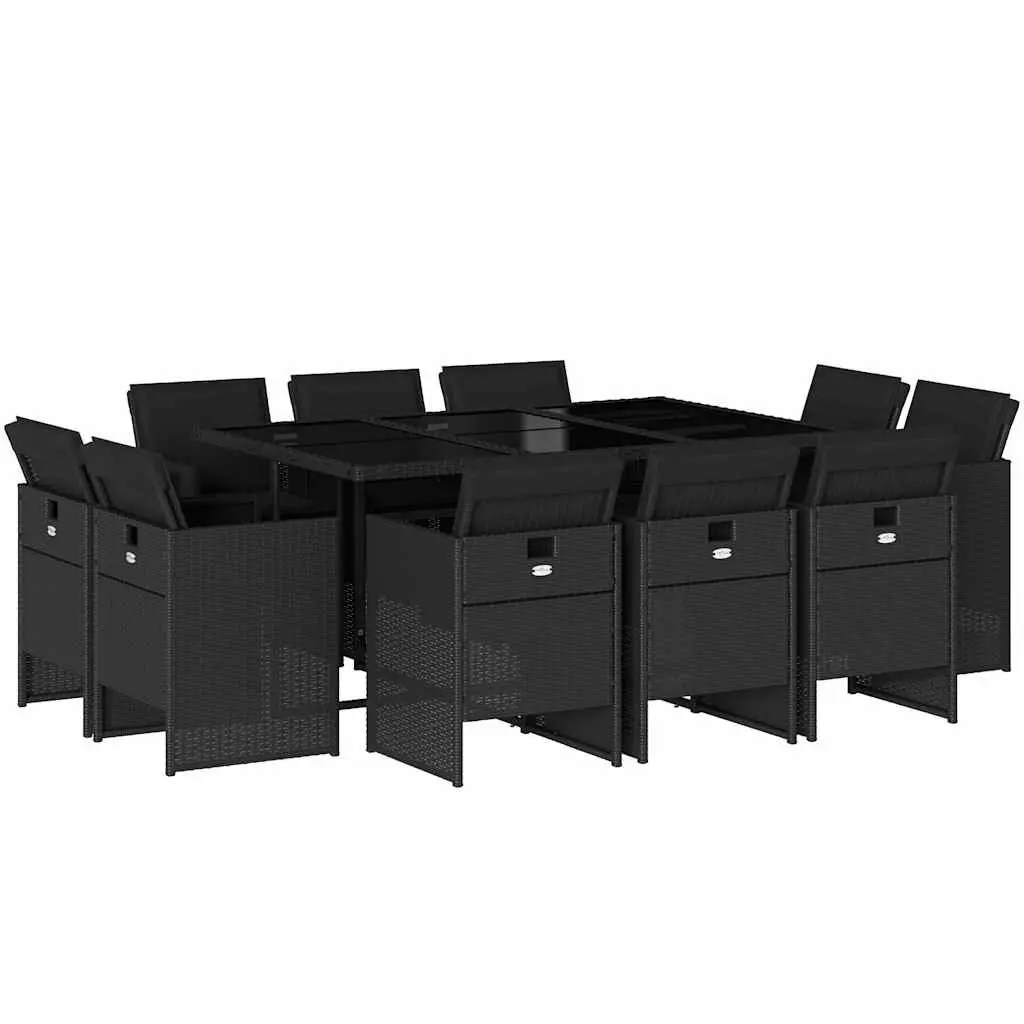 11 Piece Outdoor Dining Set PE Rattan Black Cushioned Chairs Table with Tempered Glass Top